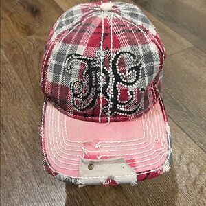 True Religion distressed Pink and Gray Plaid rhinestones Hat one size